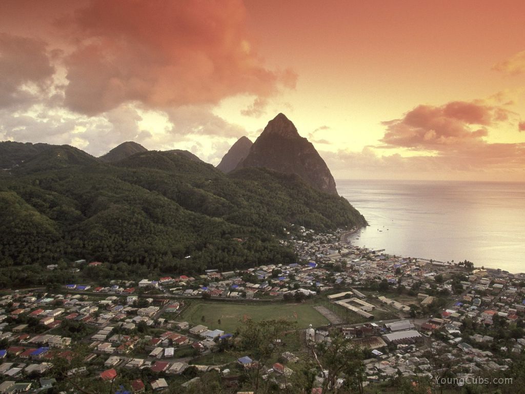 Sunset View of the Pitons and Soufriere, St. Lucia